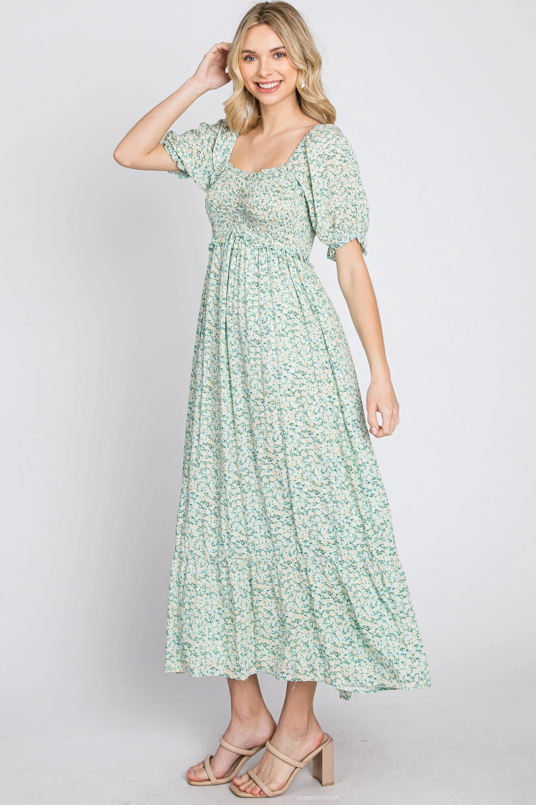 PinkBlush Mint Floral Sweetheart Neck Midi Dress - 