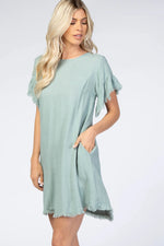 PinkBlush Mint Green Frayed Trim Back Keyhole Linen Dress - 