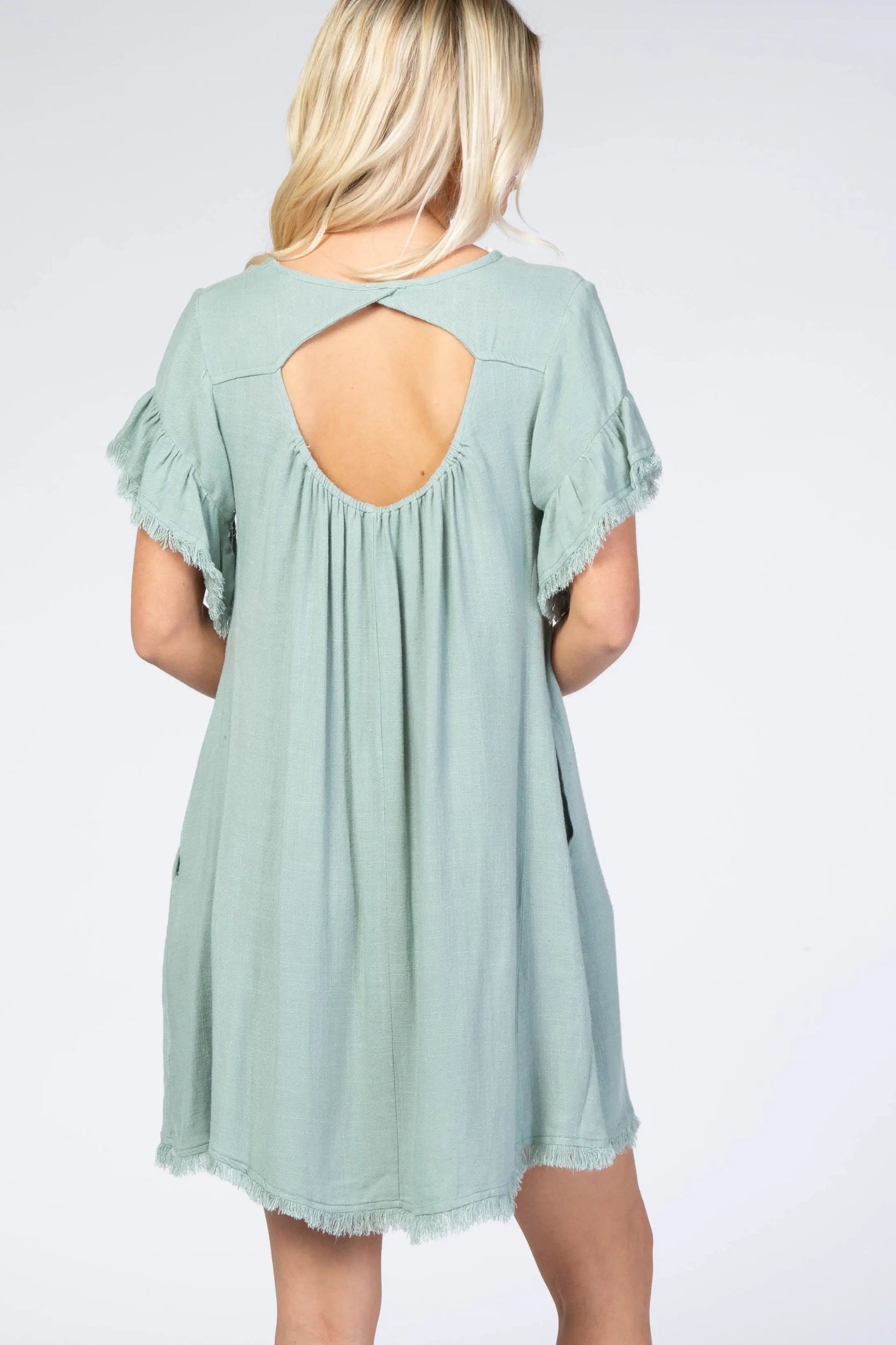 PinkBlush Mint Green Frayed Trim Back Keyhole Linen Dress - 