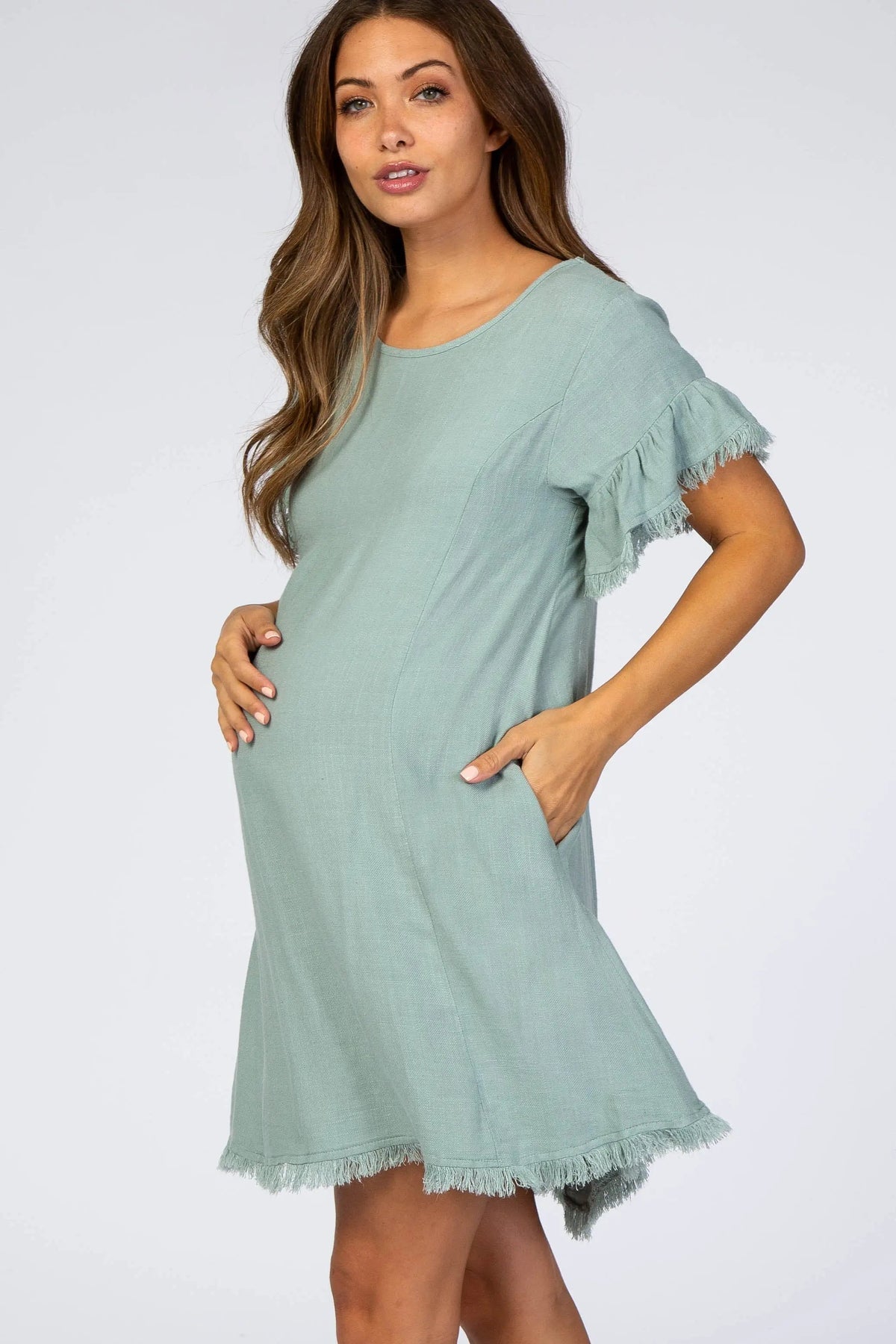 PinkBlush Mint Green Frayed Trim Back Keyhole Linen Maternity Dress - 
