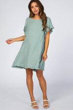 PinkBlush Mint Green Frayed Trim Back Keyhole Linen Maternity Dress - 