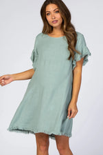 PinkBlush Mint Green Frayed Trim Back Keyhole Linen Maternity Dress - 