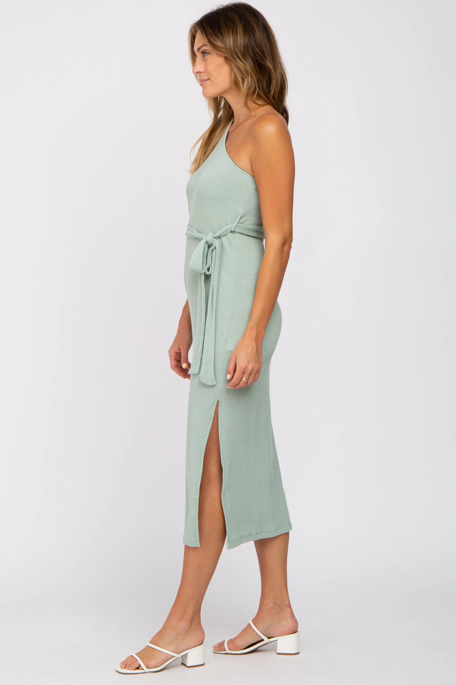 PinkBlush Mint Green Ribbed One Shoulder Side Slit Midi Dress - 