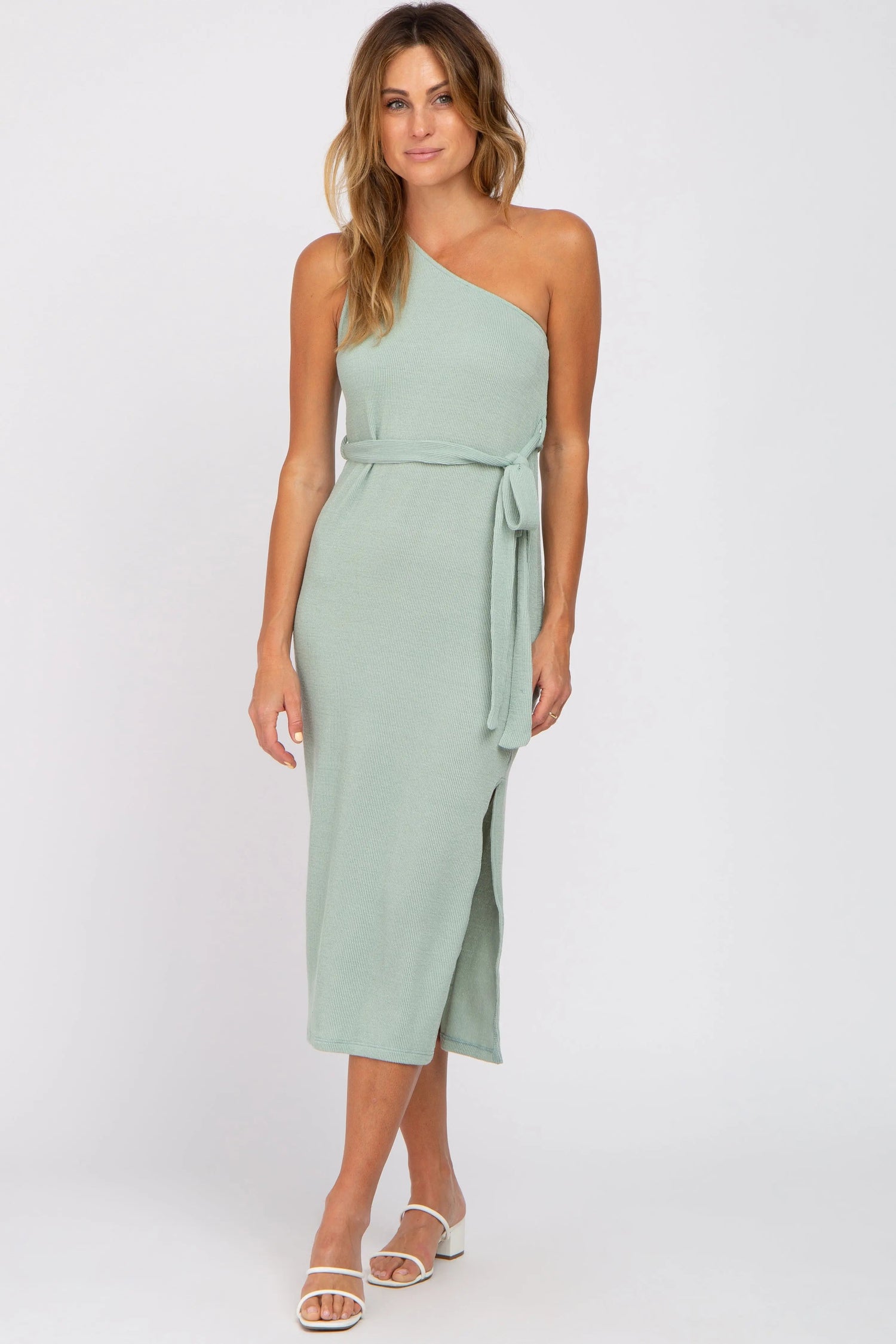 PinkBlush Mint Green Ribbed One Shoulder Side Slit Midi Dress - 