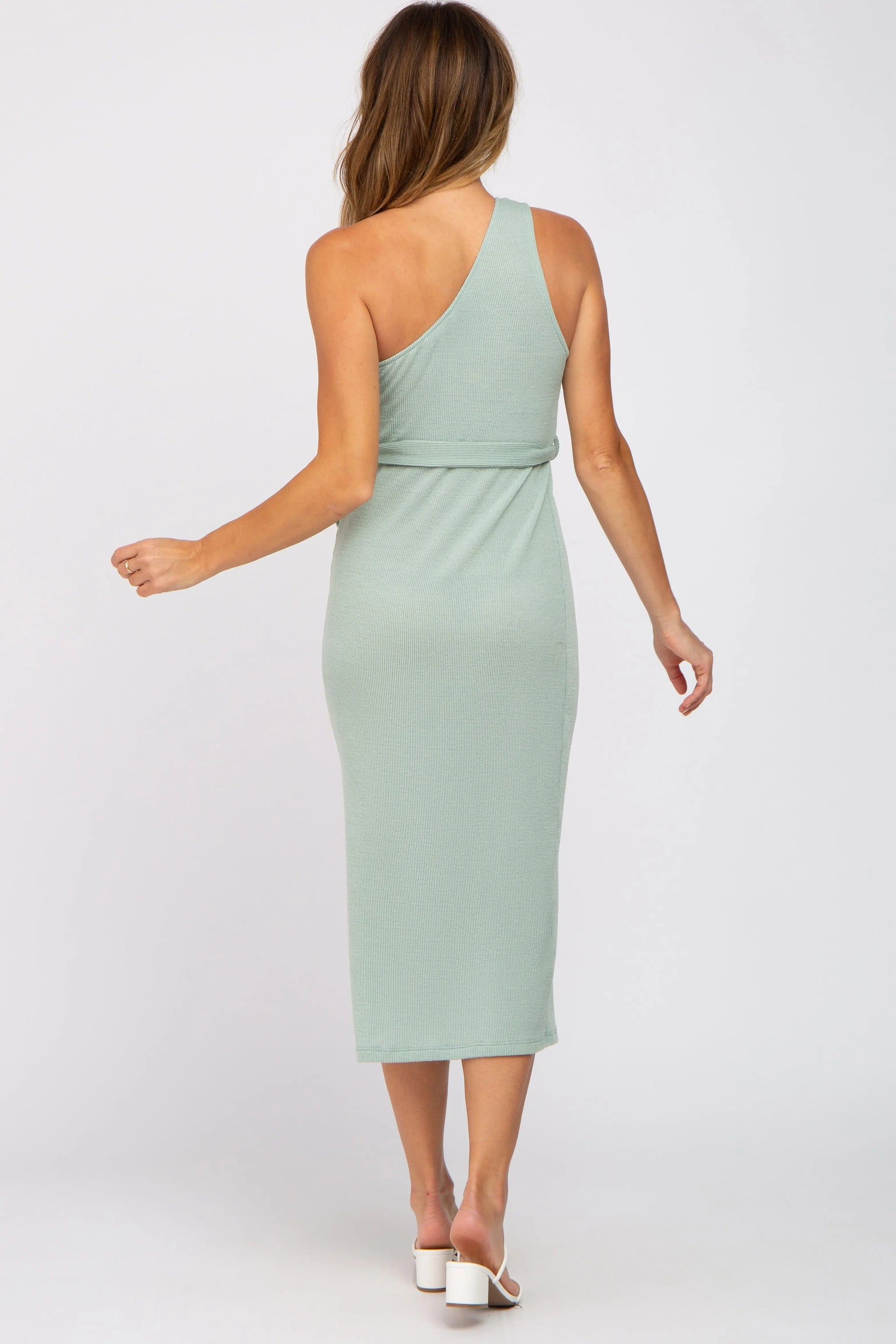 PinkBlush Mint Green Ribbed One Shoulder Side Slit Midi Dress - 