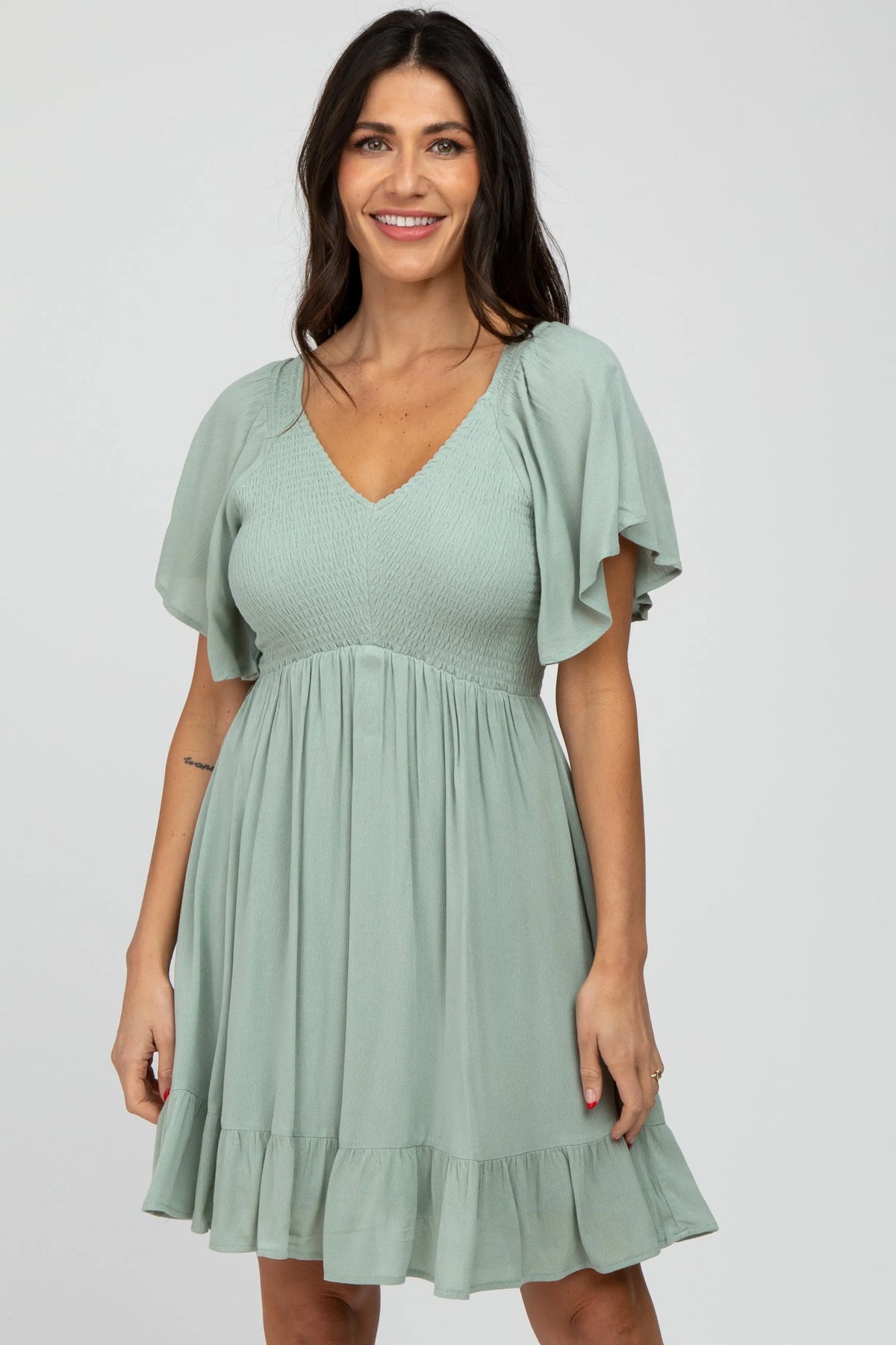 Mint Green Smocked Front Ruffle Hem Dress - Day Dress, One-piece garment, Person, Dress, Necklace | Everetts Place