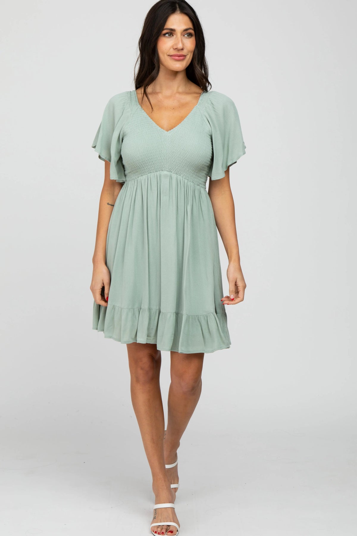 PinkBlush Mint Green Smocked Front Ruffle Hem Dress - 
