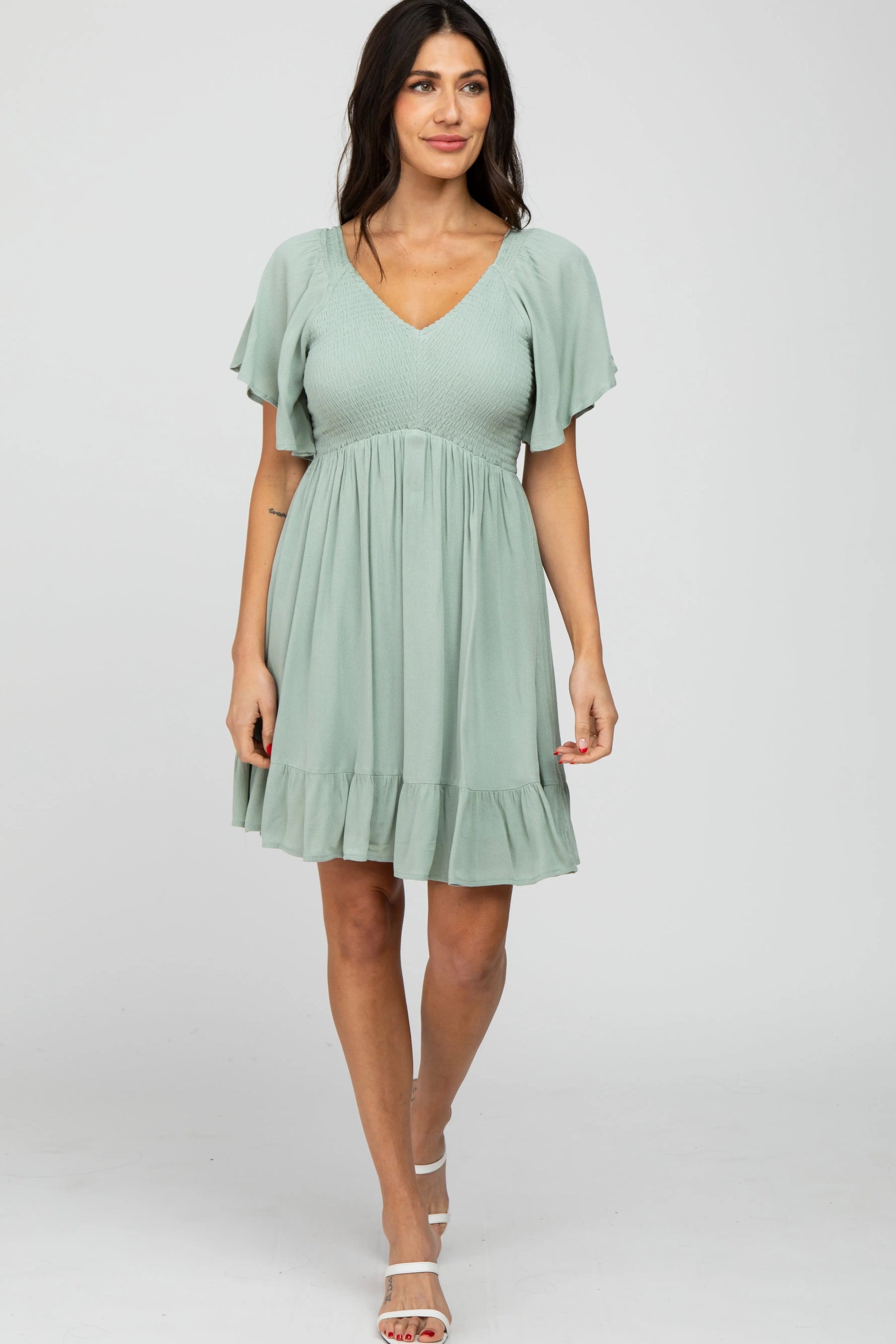 PinkBlush Mint Green Smocked Front Ruffle Hem Dress - 