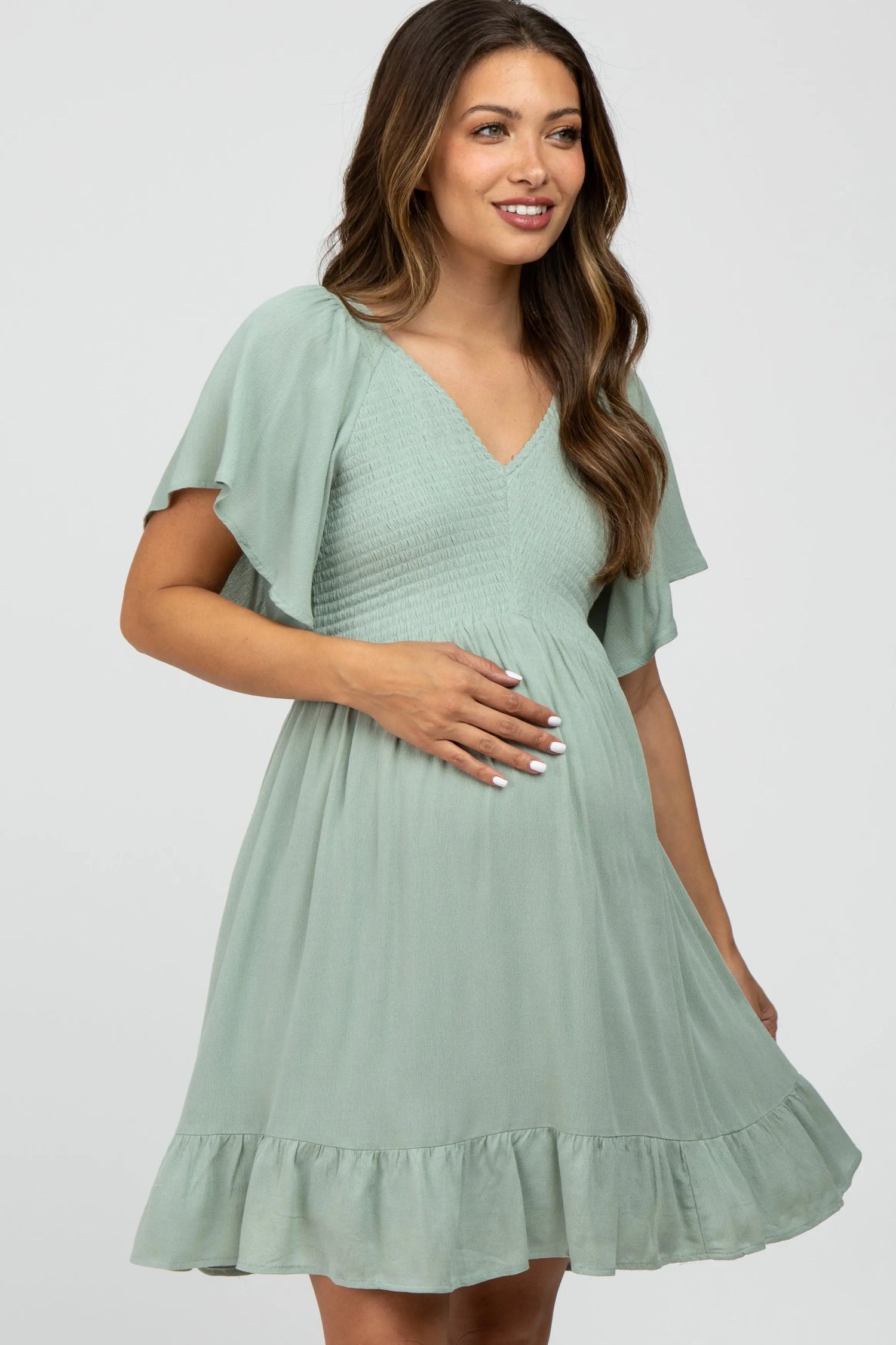 PinkBlush Mint Green Smocked Front Ruffle Hem Maternity Dress - 