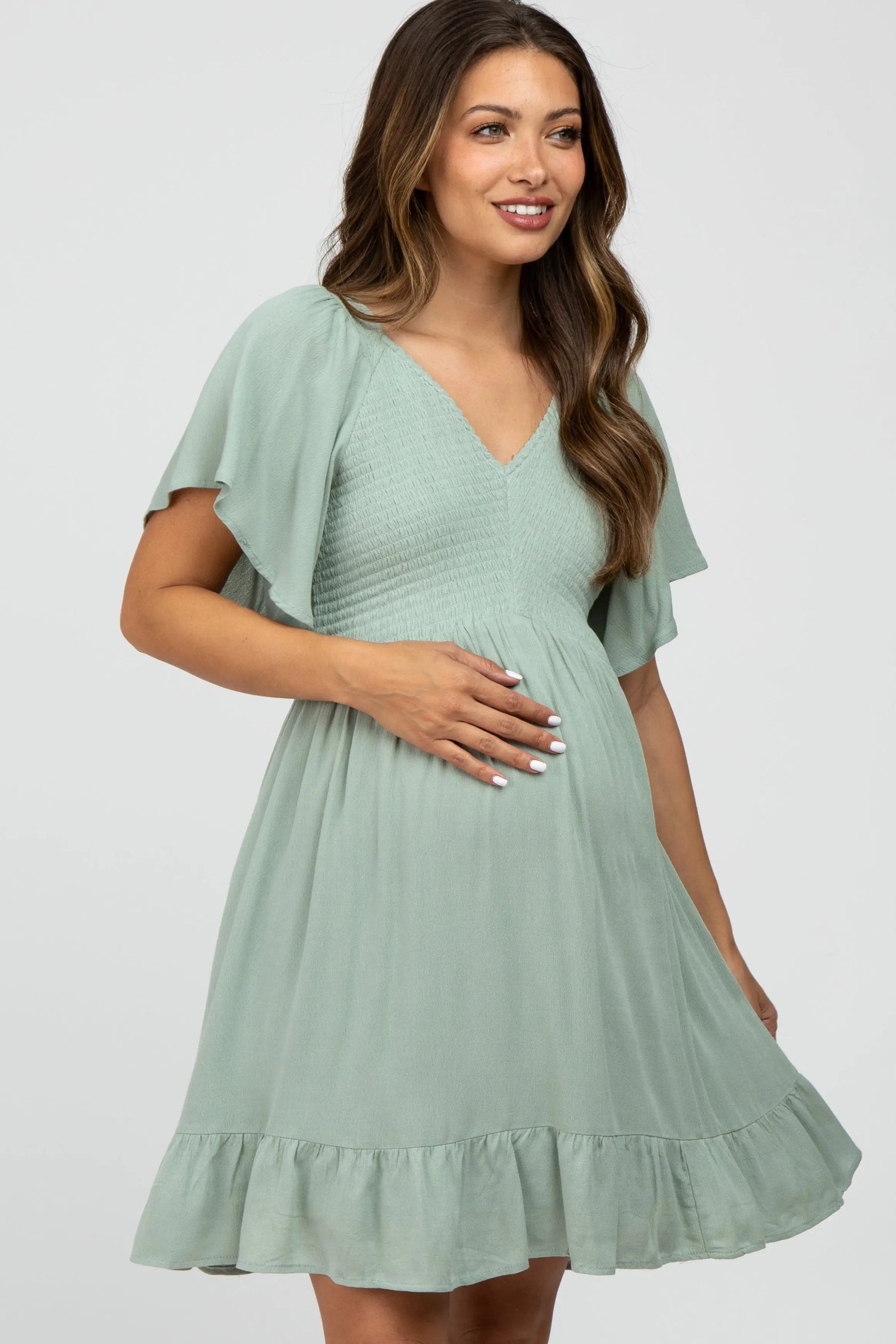 PinkBlush Mint Green Smocked Front Ruffle Hem Maternity Dress - 