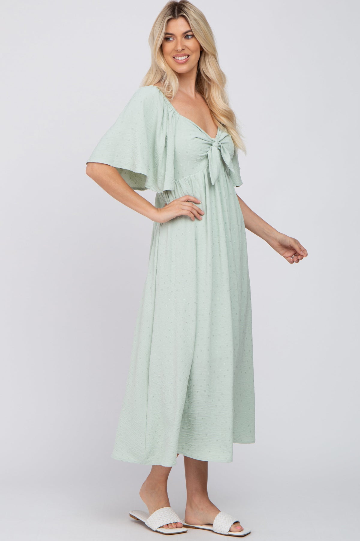 PinkBlush Mint Green Textured Dot Front Tie Ruffle Sleeve Midi DressEveretts Place