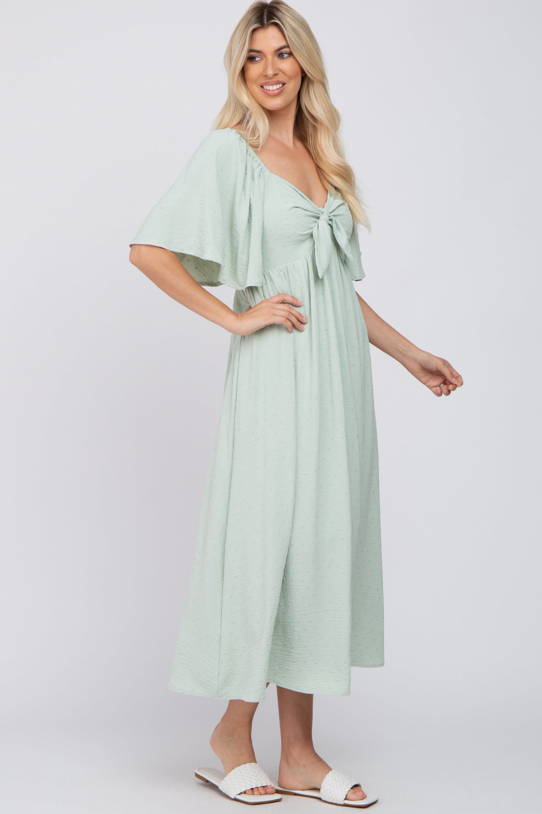 PinkBlush Mint Green Textured Dot Front Tie Ruffle Sleeve Midi DressEveretts Place