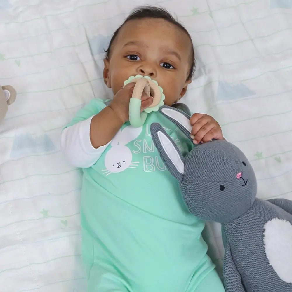 Goosewaddle® | Newborn Baby Blankets Toys Teethers Bibs & More Mint Lion Silicone and Wood Double Teether