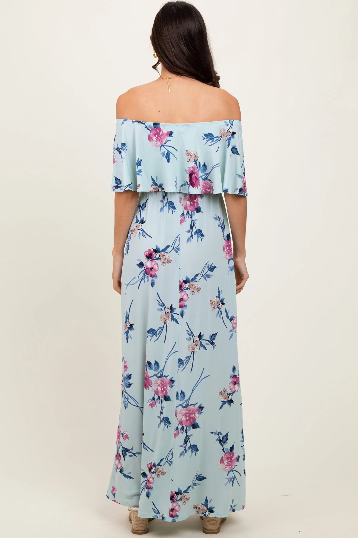 PinkBlush Mint Off Shoulder Floral Ruffle Maxi Dress - 