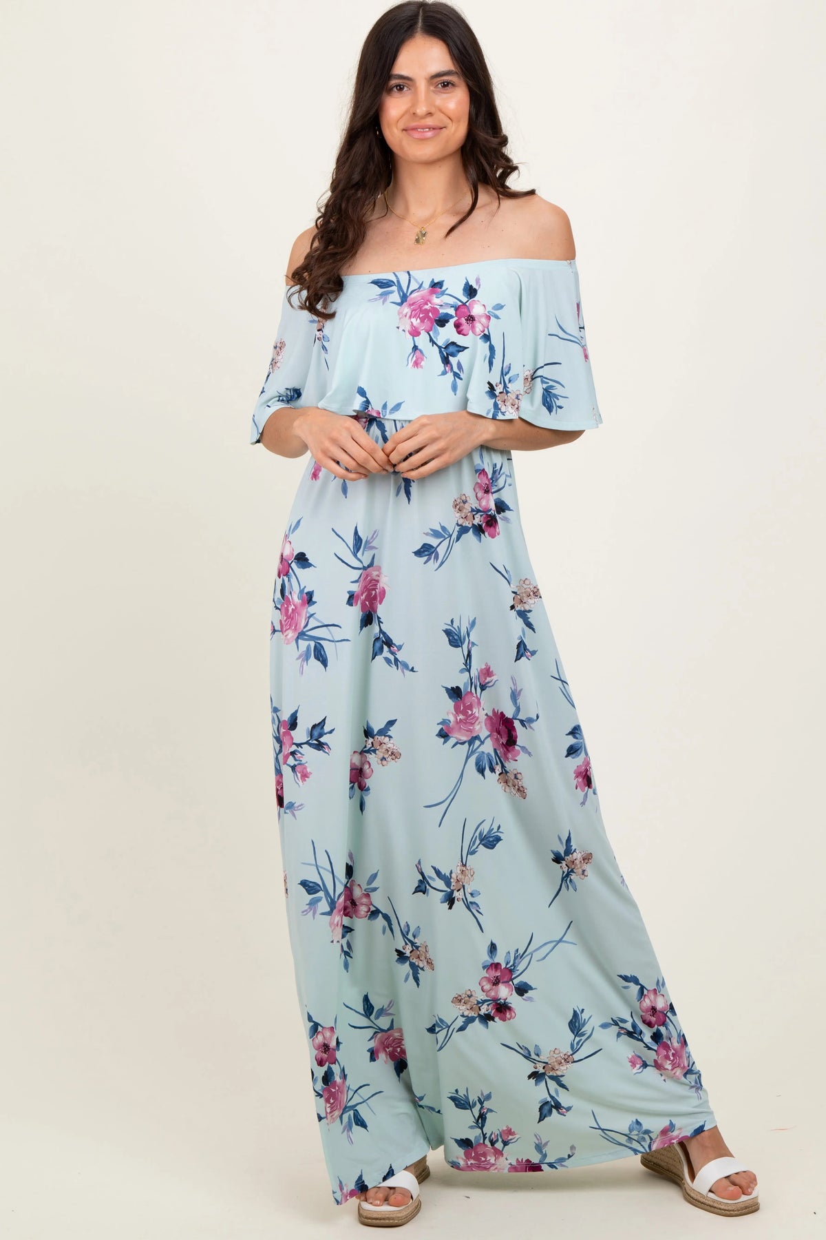 PinkBlush Mint Off Shoulder Floral Ruffle Maxi Dress - 