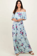PinkBlush Mint Off Shoulder Floral Ruffle Maxi Dress - 