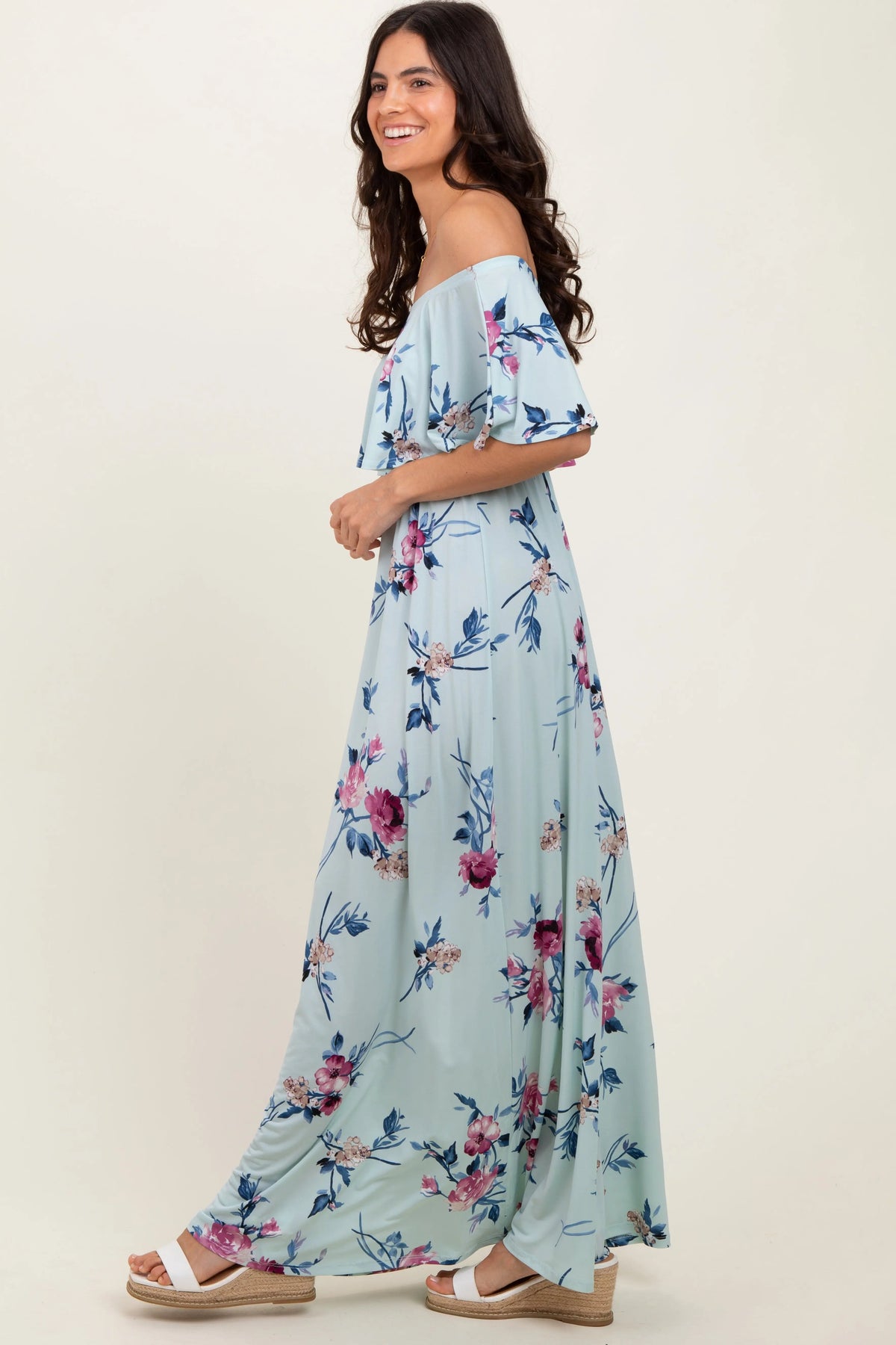 PinkBlush Mint Off Shoulder Floral Ruffle Maxi Dress - 