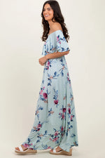 PinkBlush Mint Off Shoulder Floral Ruffle Maxi Dress - 
