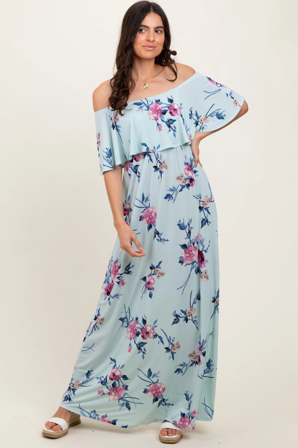PinkBlush Mint Off Shoulder Floral Ruffle Maxi Dress - 