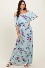 PinkBlush Mint Off Shoulder Floral Ruffle Maxi Dress - 