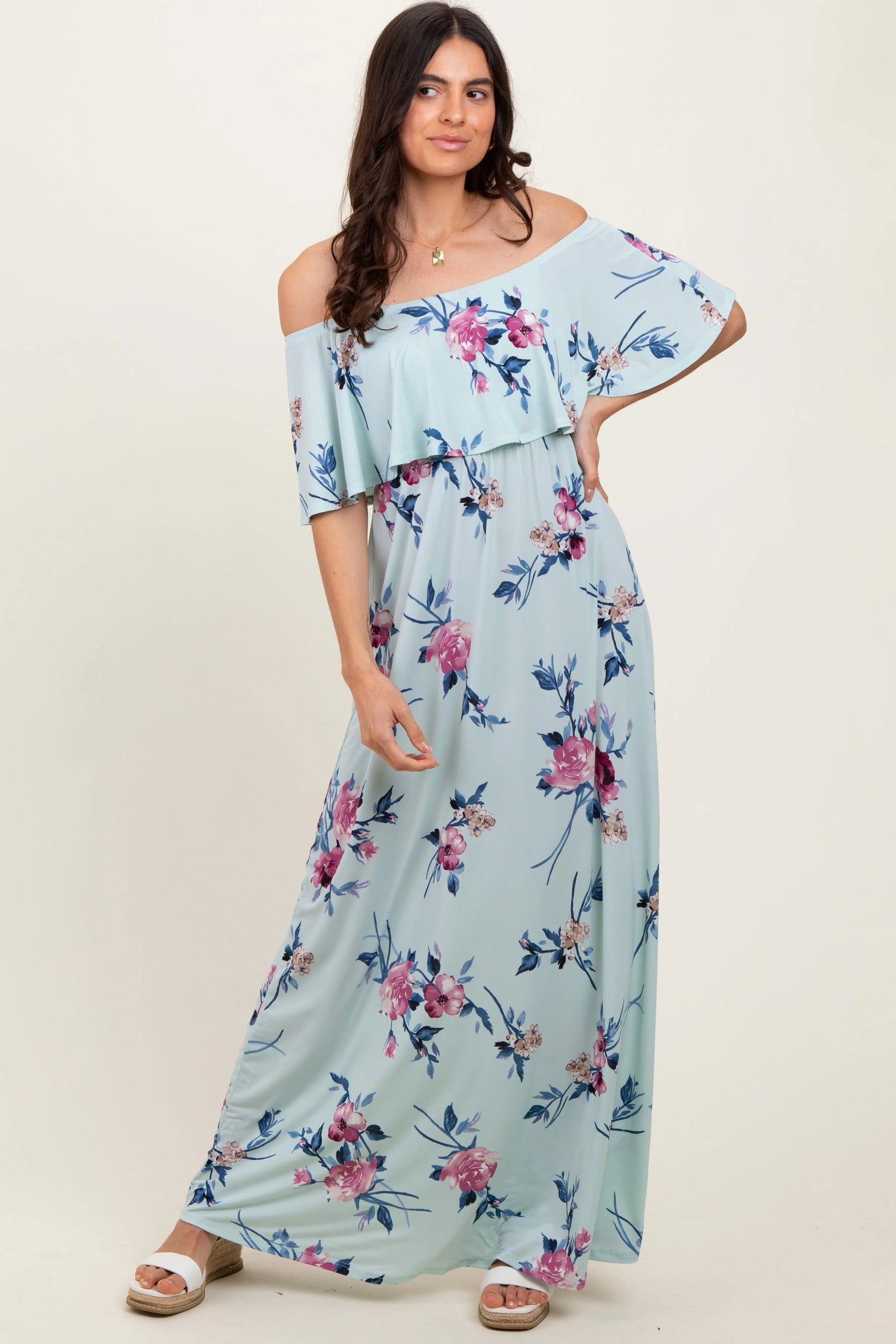 PinkBlush Mint Off Shoulder Floral Ruffle Maxi Dress - 