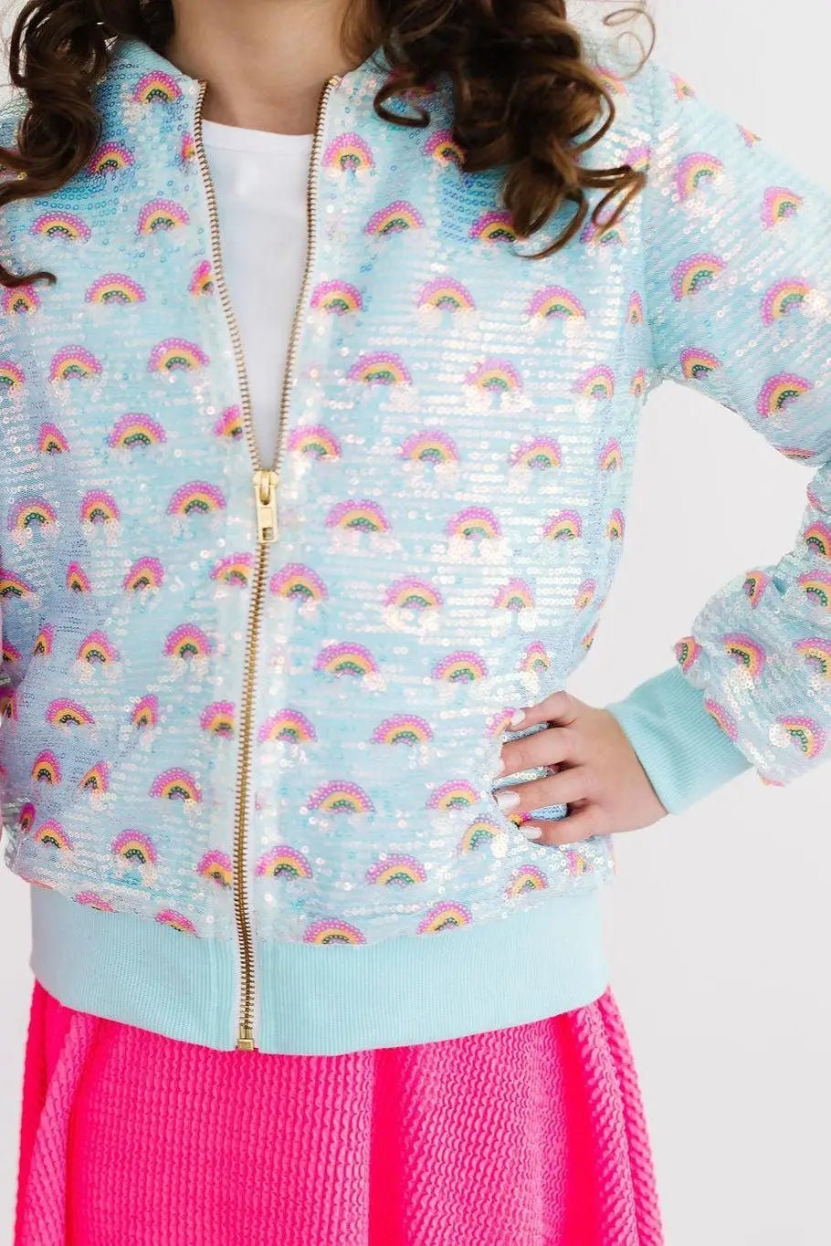 Mint sequin girls' jacket with rainbow shimmer, long sleeves and open front