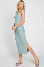 PinkBlush Mint Ribbed Sleeveless Ruched Side Slit Midi Dress - 