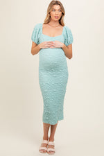 PinkBlush Mint Textured Square Neck Puff Sleeve Maternity Midi Dress