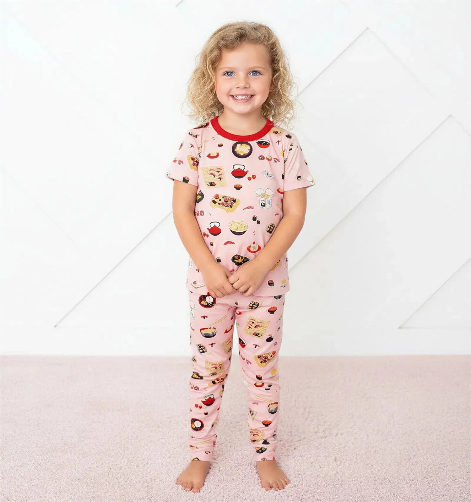 Bestaroo Miso Cute Short Sleeve Pajama Set Pink Sushi and Ramen Bamboo Prints for Kids - 