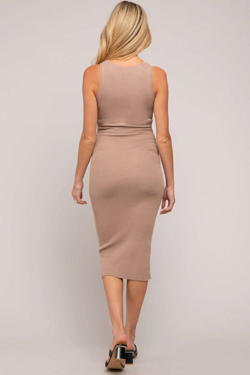 PinkBlush Mocha Fitted Knit Maternity Midi Dress with Square Neckline for Moms - 