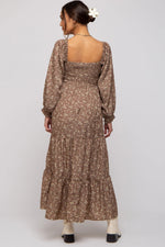 PinkBlush Mocha Floral Smocked Long Sleeve Maternity Maxi Dress - 
