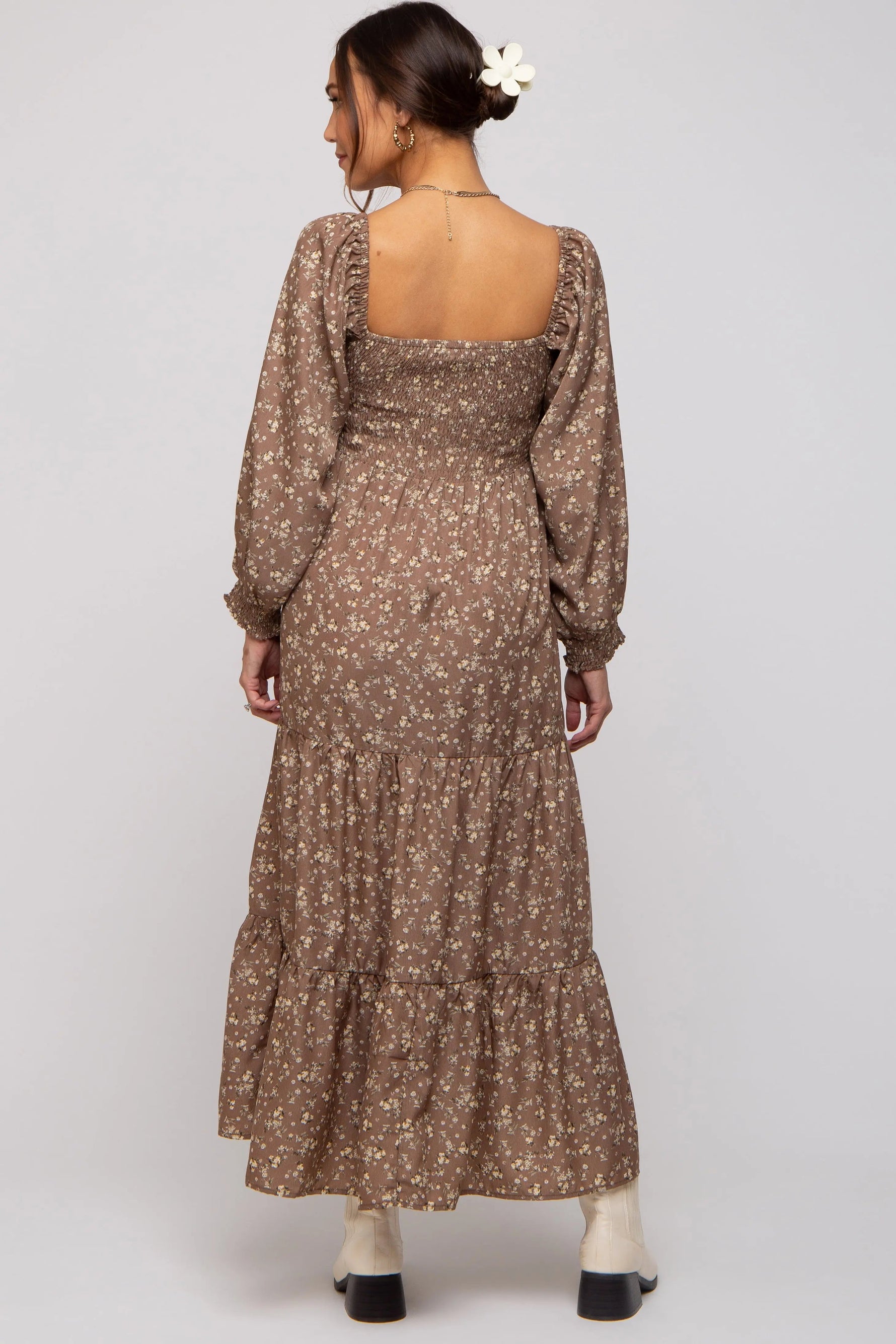 PinkBlush Mocha Floral Smocked Long Sleeve Maternity Maxi Dress - 