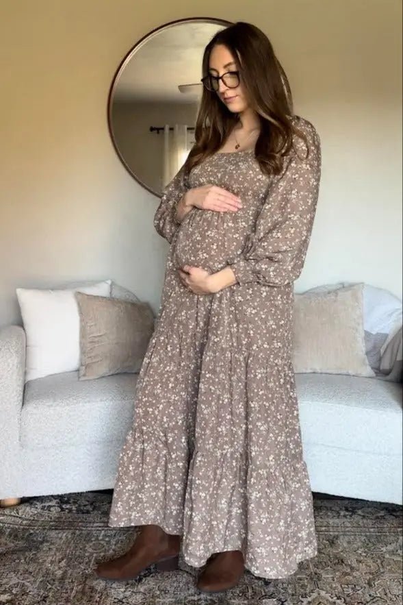 PinkBlush Mocha Floral Smocked Long Sleeve Maternity Maxi Dress - 