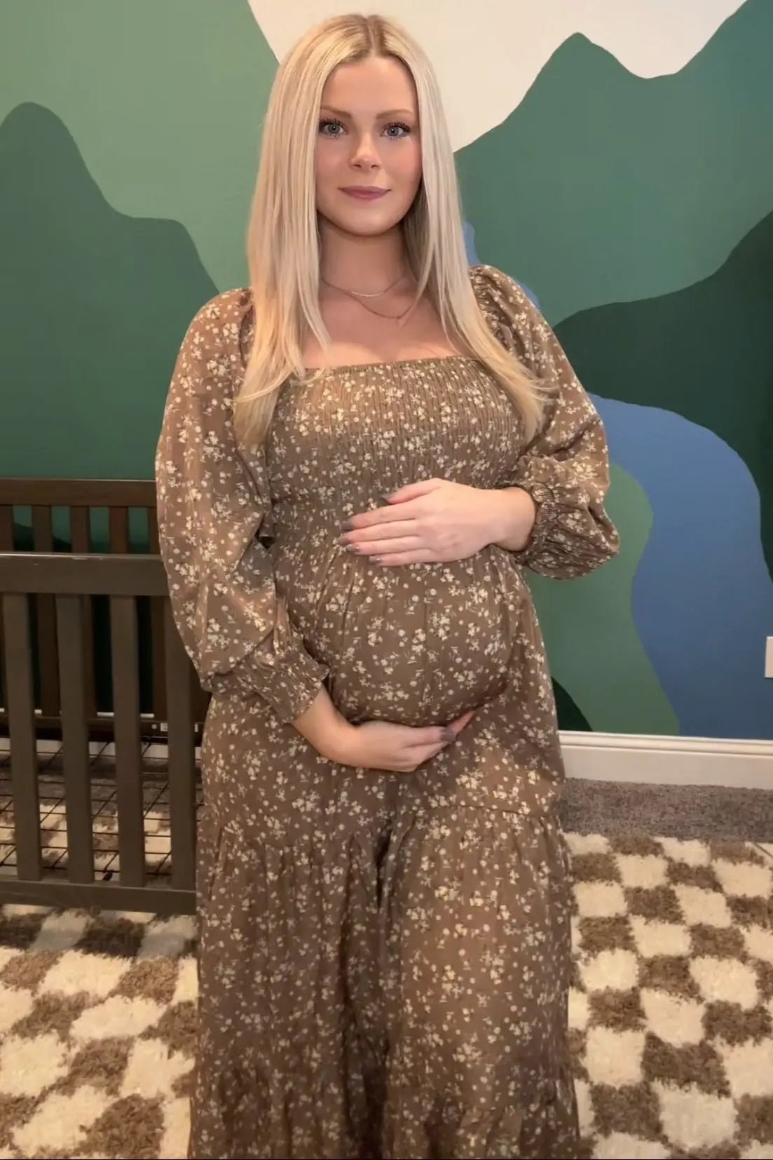 PinkBlush Mocha Floral Smocked Long Sleeve Maternity Maxi Dress - 