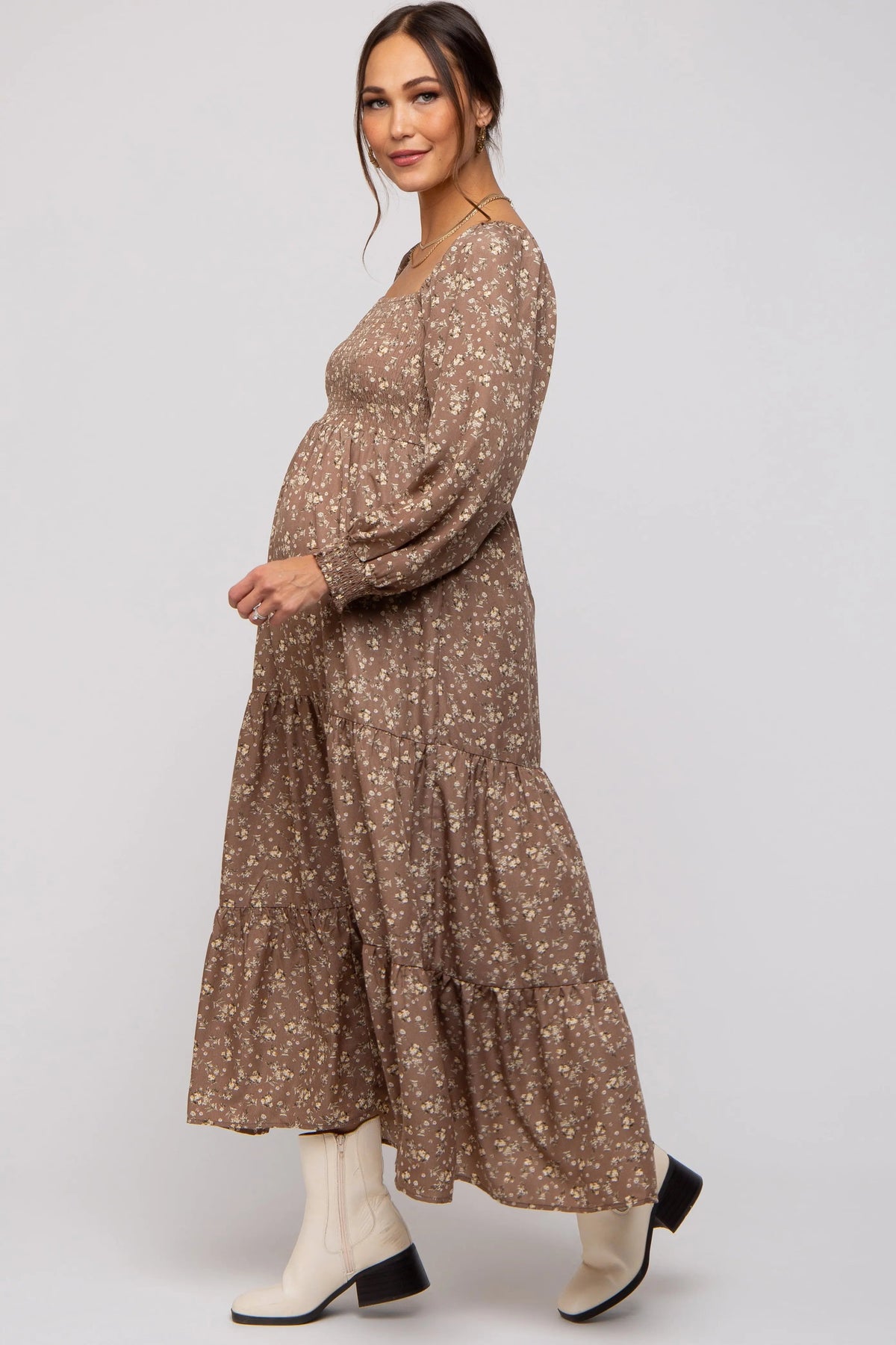 PinkBlush Mocha Floral Smocked Long Sleeve Maternity Maxi Dress - 