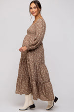 PinkBlush Mocha Floral Smocked Long Sleeve Maternity Maxi Dress - 