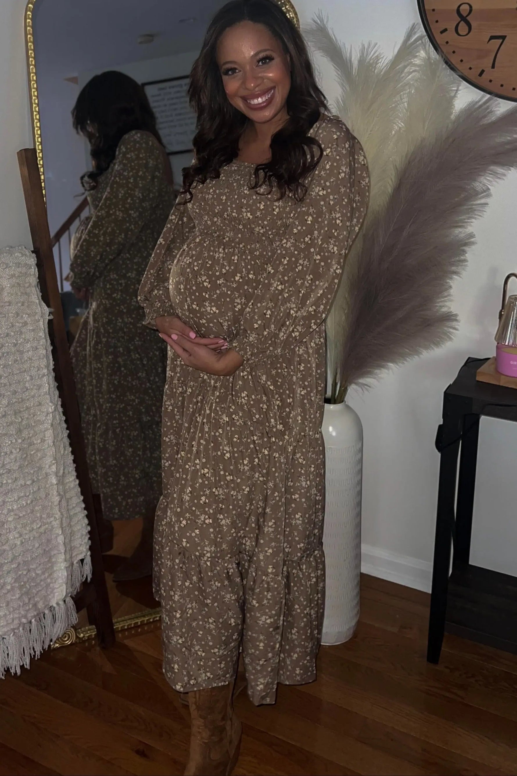 PinkBlush Mocha Floral Smocked Long Sleeve Maternity Maxi Dress - 