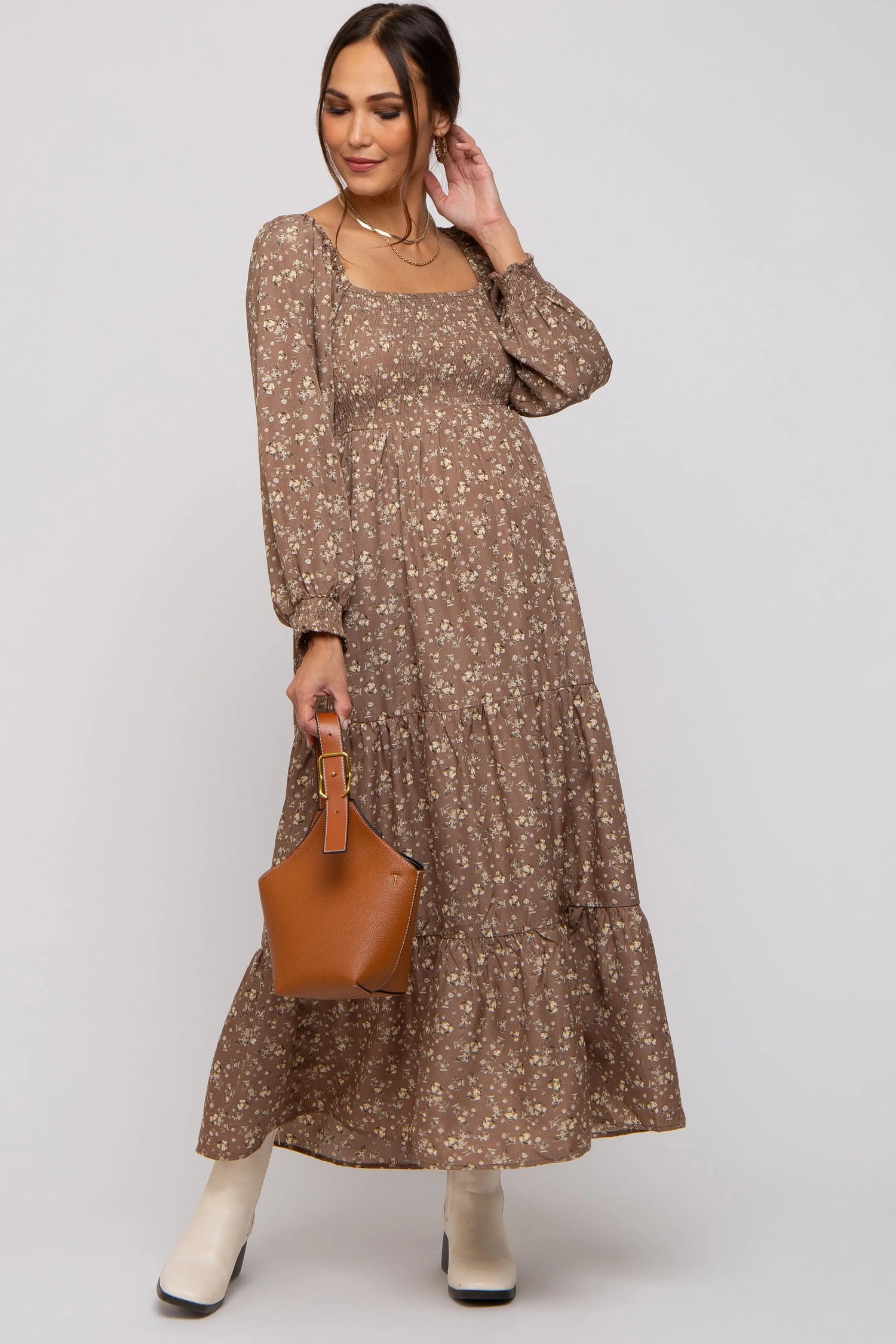 PinkBlush Mocha Floral Smocked Long Sleeve Maternity Maxi Dress - 