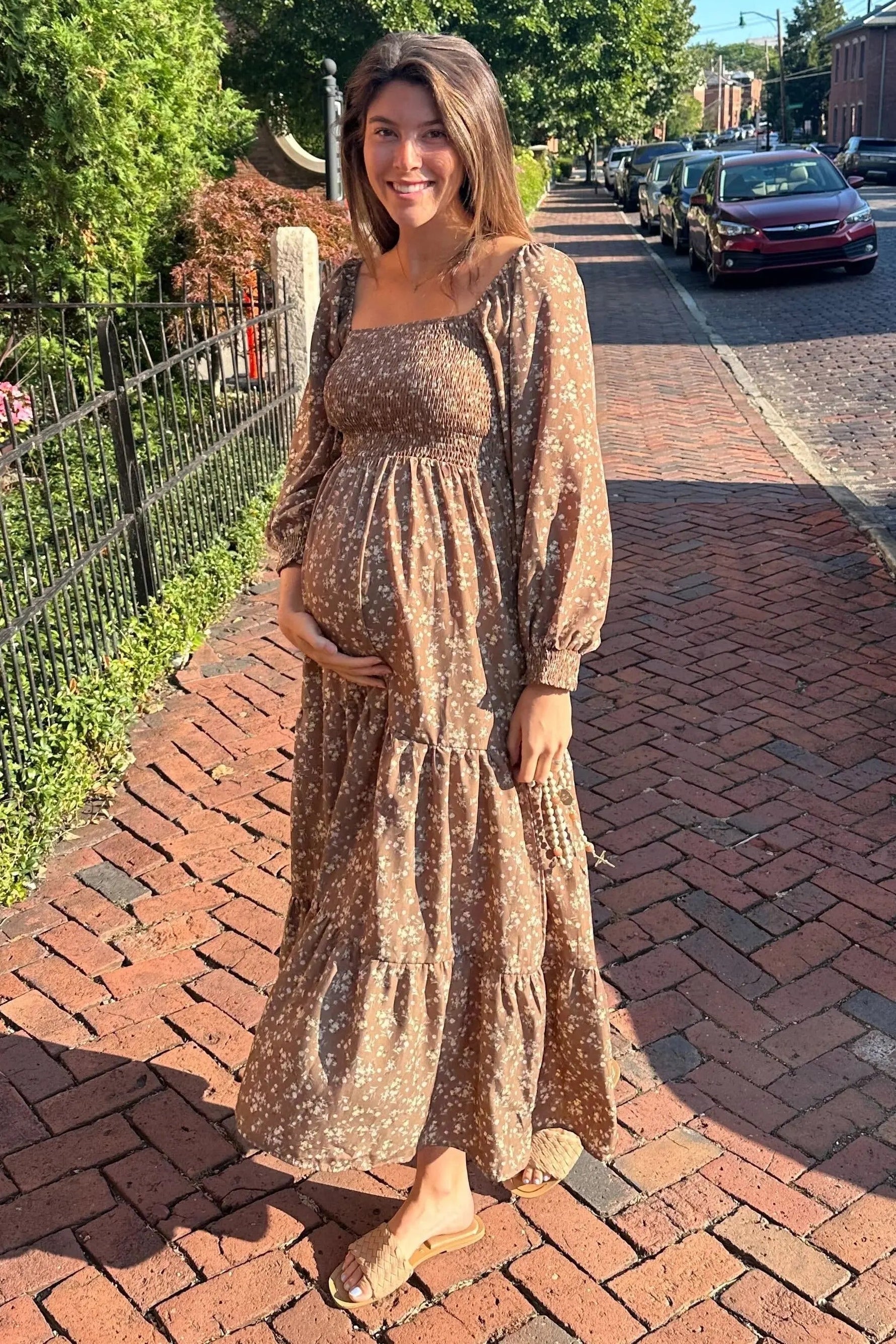 PinkBlush Mocha Floral Smocked Long Sleeve Maternity Maxi Dress - 