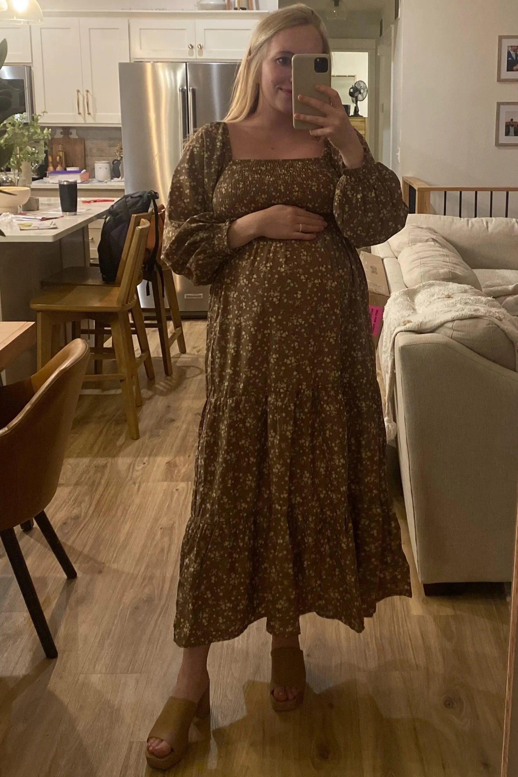 PinkBlush Mocha Floral Smocked Long Sleeve Maternity Maxi Dress - 