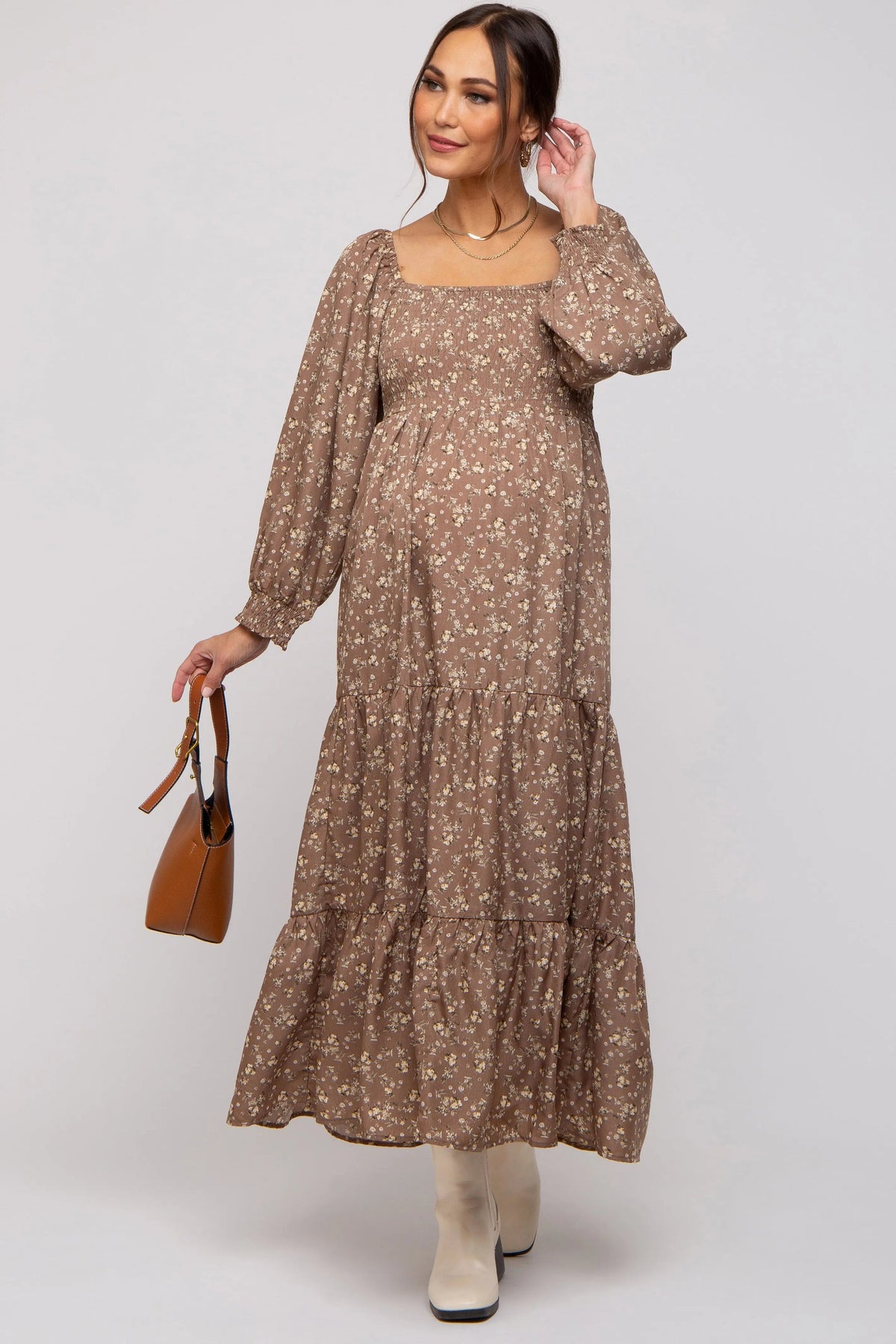 PinkBlush Mocha Floral Smocked Long Sleeve Maternity Maxi Dress - 