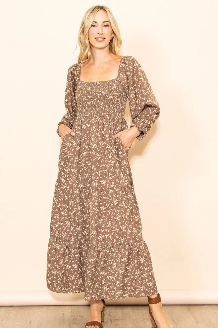 PinkBlush Mocha Floral Smocked Long Sleeve Maternity Maxi Dress - 