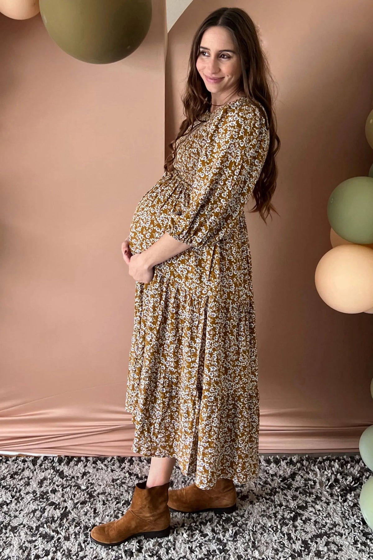 PinkBlush Mocha Floral Smocked Long Sleeve Maternity Maxi Dress - 