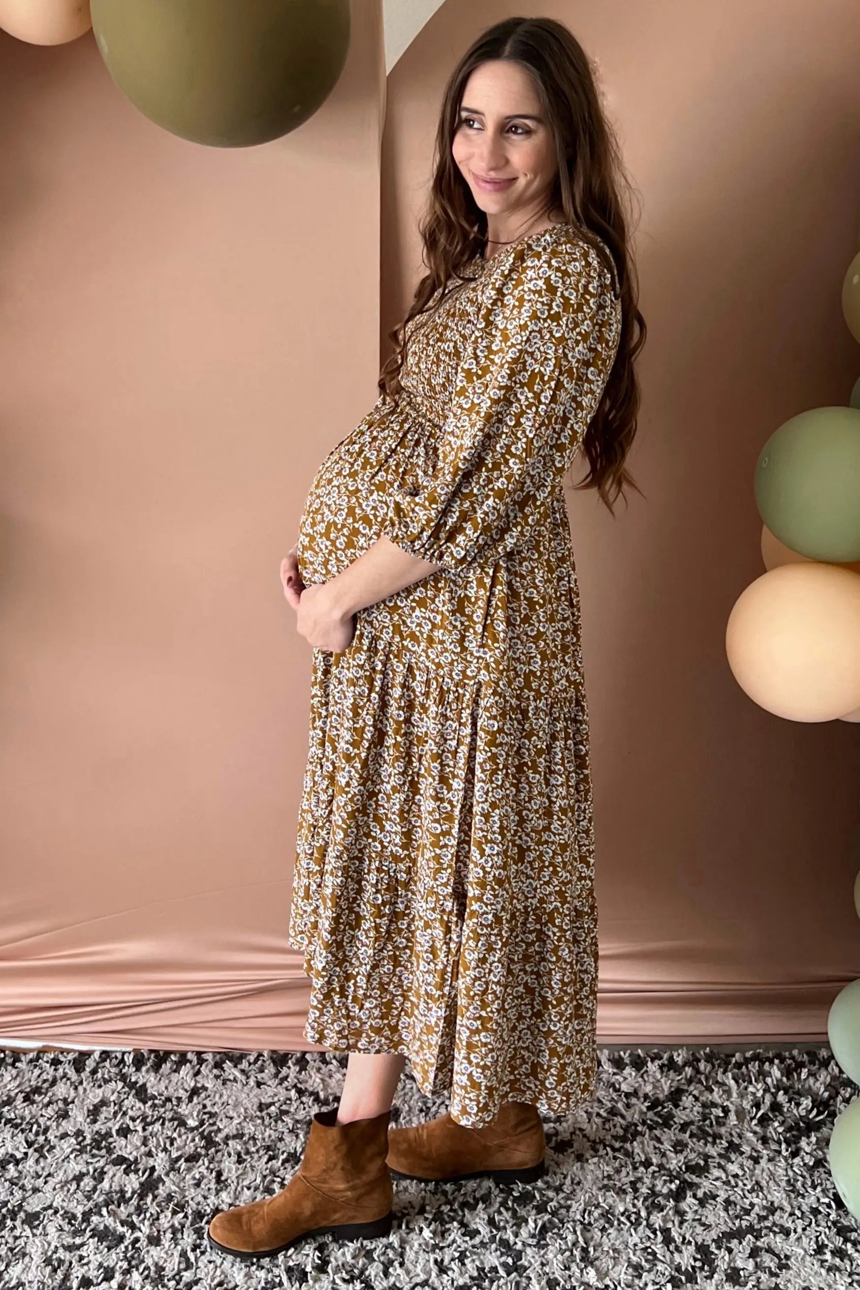 PinkBlush Mocha Floral Smocked Long Sleeve Maternity Maxi Dress - 