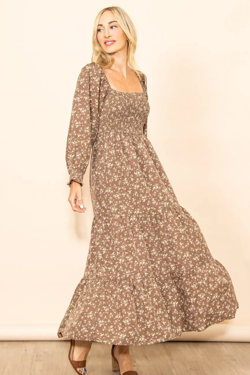 PinkBlush Mocha Floral Smocked Long Sleeve Maxi Dress - 
