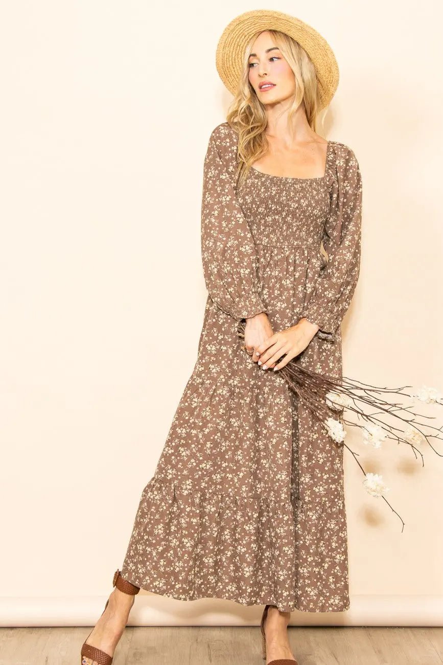 PinkBlush Mocha Floral Smocked Long Sleeve Maxi Dress - 