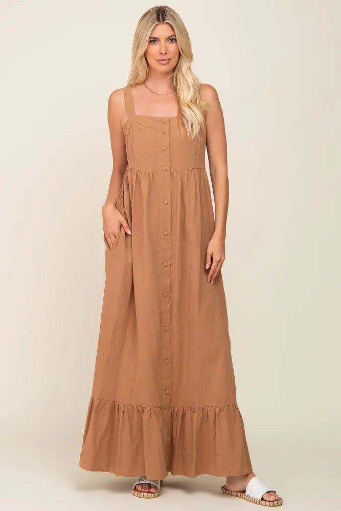PinkBlush Mocha Front Button Sleeveless Maxi Dress - 