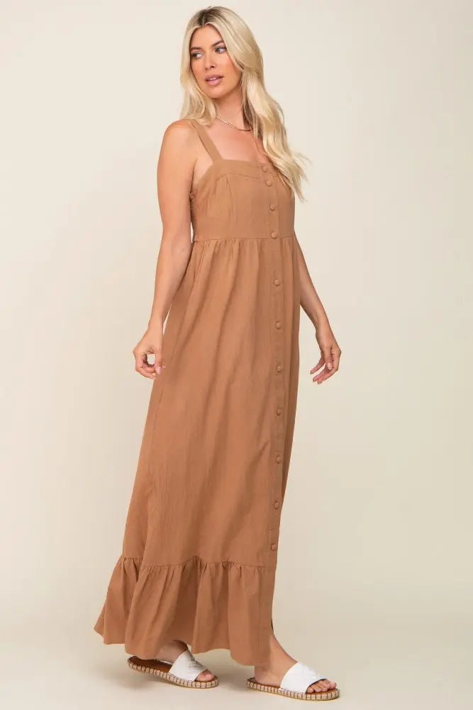 PinkBlush Mocha Front Button Sleeveless Maxi Dress - 