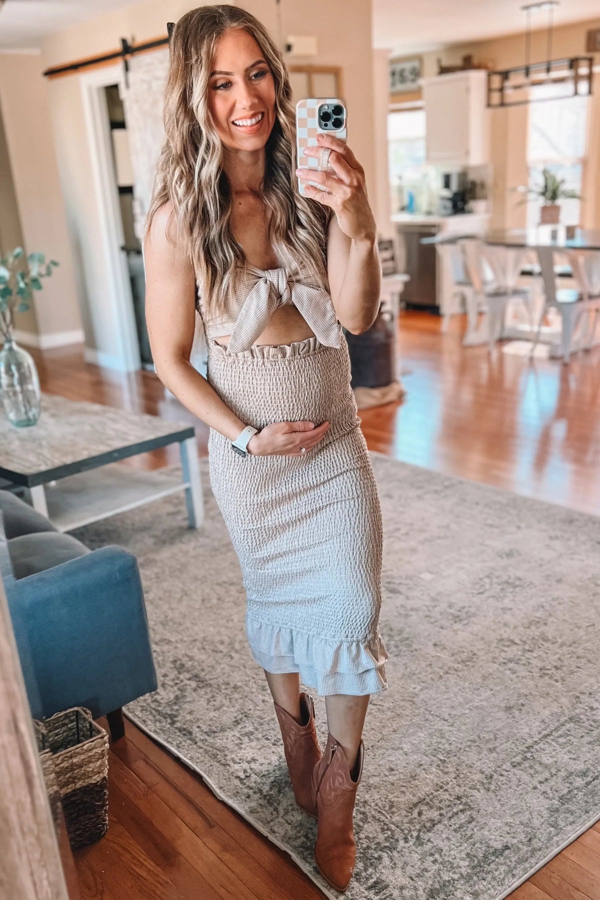 PinkBlush Mocha Gingham Print Smocked Fitted Self - Tie Maternity Midi Dress - 