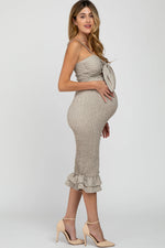 PinkBlush Mocha Gingham Print Smocked Fitted Self - Tie Maternity Midi Dress - 